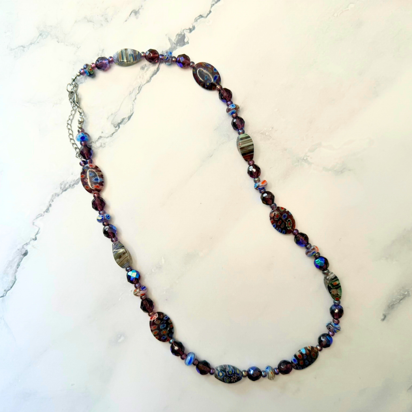 Millefiori Flower Necklace – Violet, Colorful Glass Jewelry in Purple Floral Design, Stainless Steel