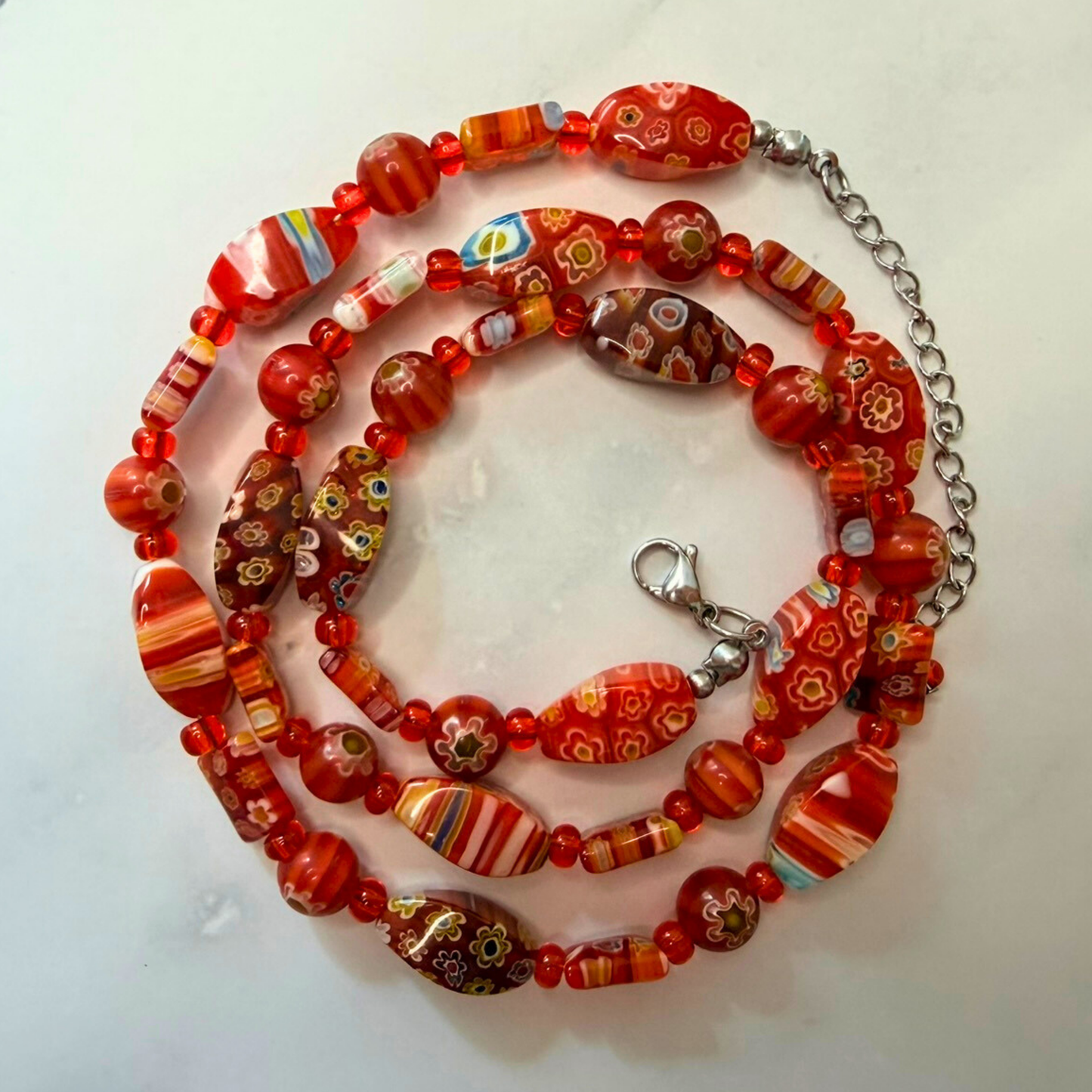 Millefiori Flower Necklace – Poppy, Colorful Glass Jewelry in Bold Red Floral Design, Stainless Steel