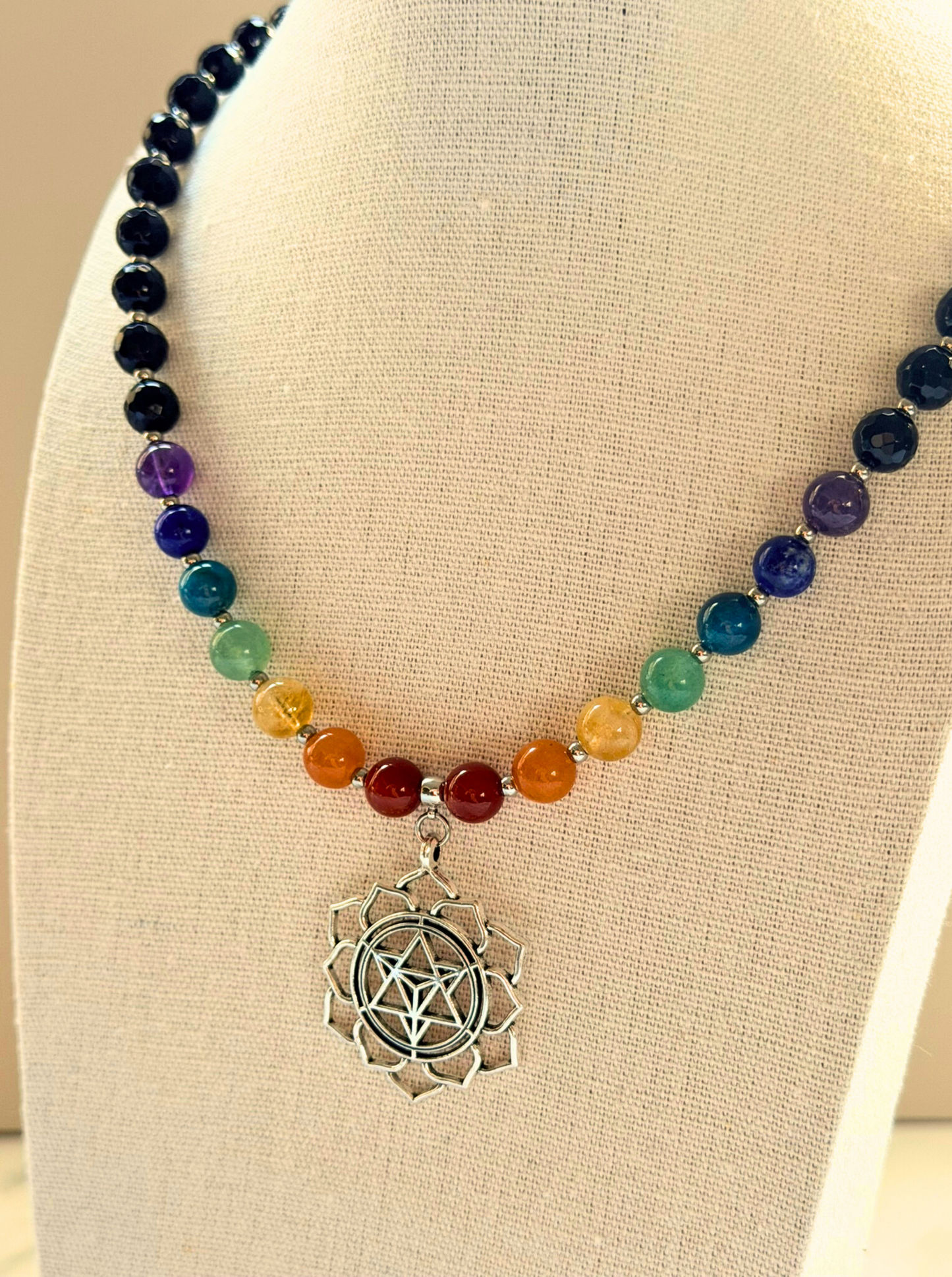 Chakra Statement Necklace – 7 Chakra Gemstone Jewelry for Balance & Symbolism, Onyx & Merkaba Pendant, Stainless Steel