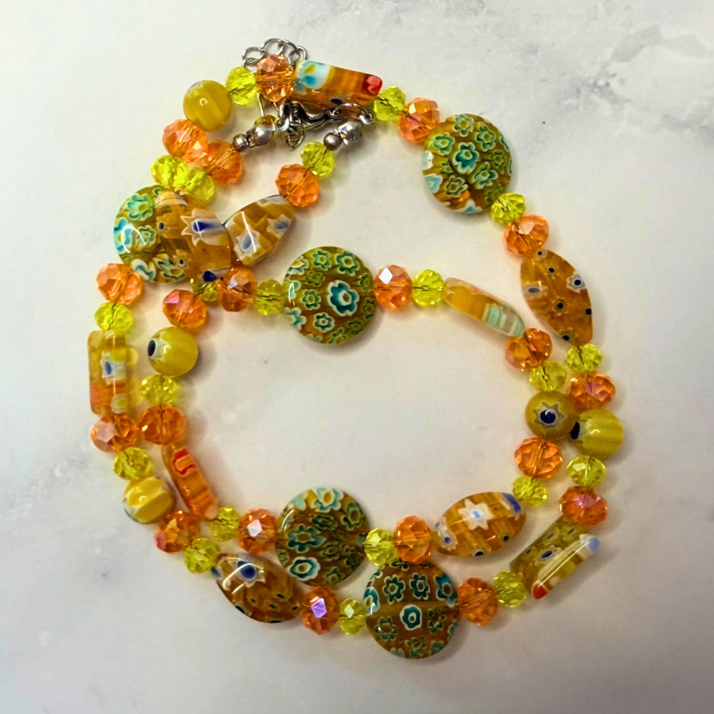 Millefiori Flower Necklace – Sunflower, Colorful Glass Jewelry in Bright Yellow Floral Design, Stainless Steel