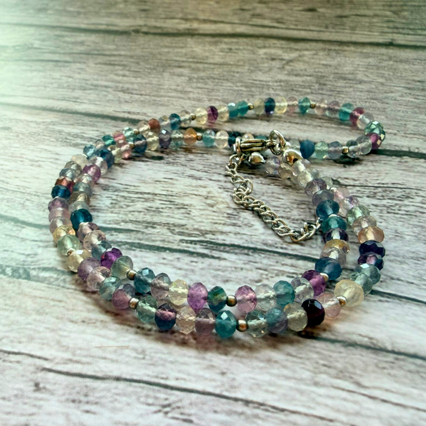 Faceted Fluorite Necklace – Minimalist Multicolor Gemstone Jewelry, Stainless Steel