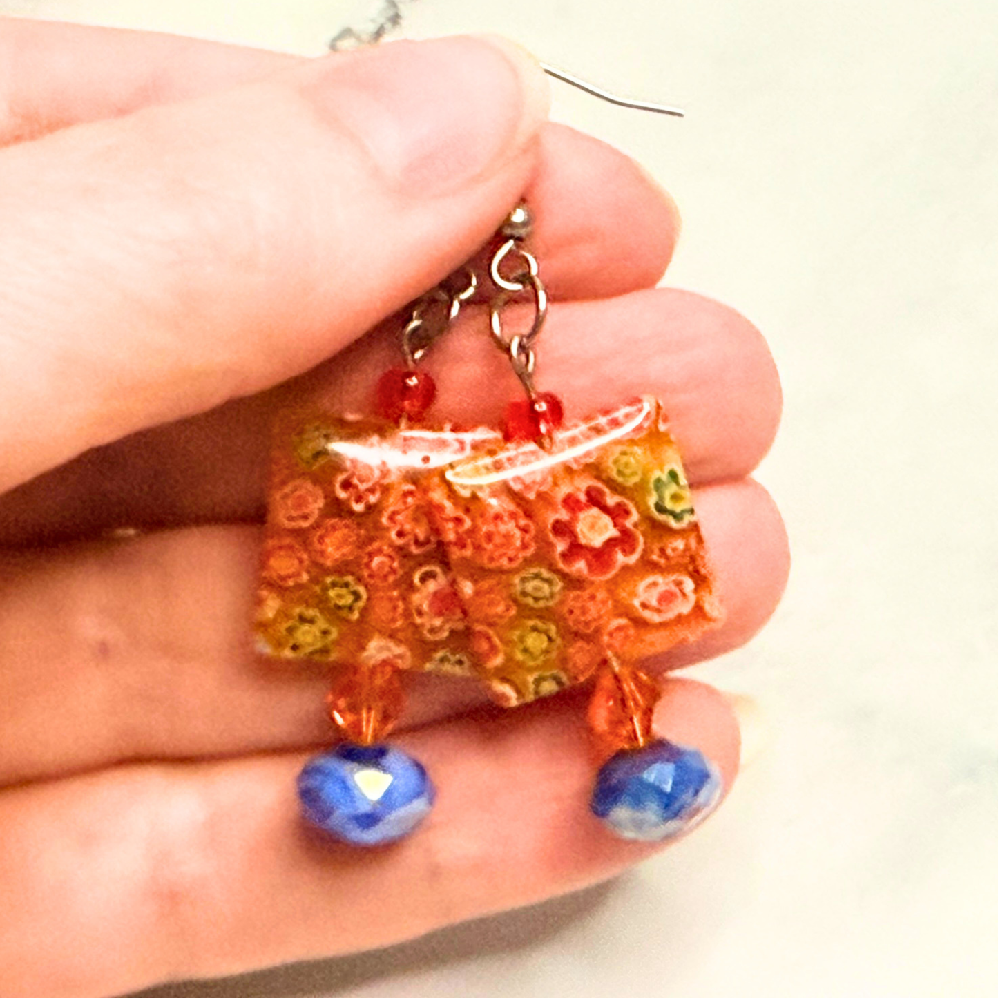 Sunrise Garden Millefiori Earrings – Orange & Blue Floral Glass Dangles