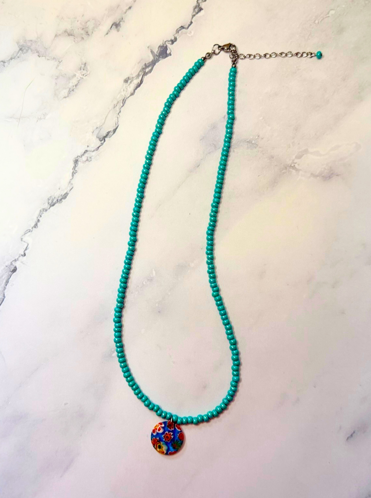 Ocean Daydream Millefiori Necklace – Aqua Beaded Floral Glass Pendant