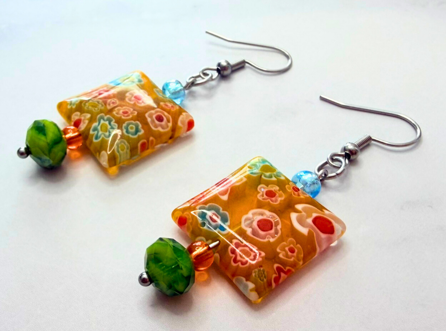 Millefiori Flower Earrings – Sunshine Garden, Colorful Glass Jewelry in Bright Yellow Tones, Stainless Steel
