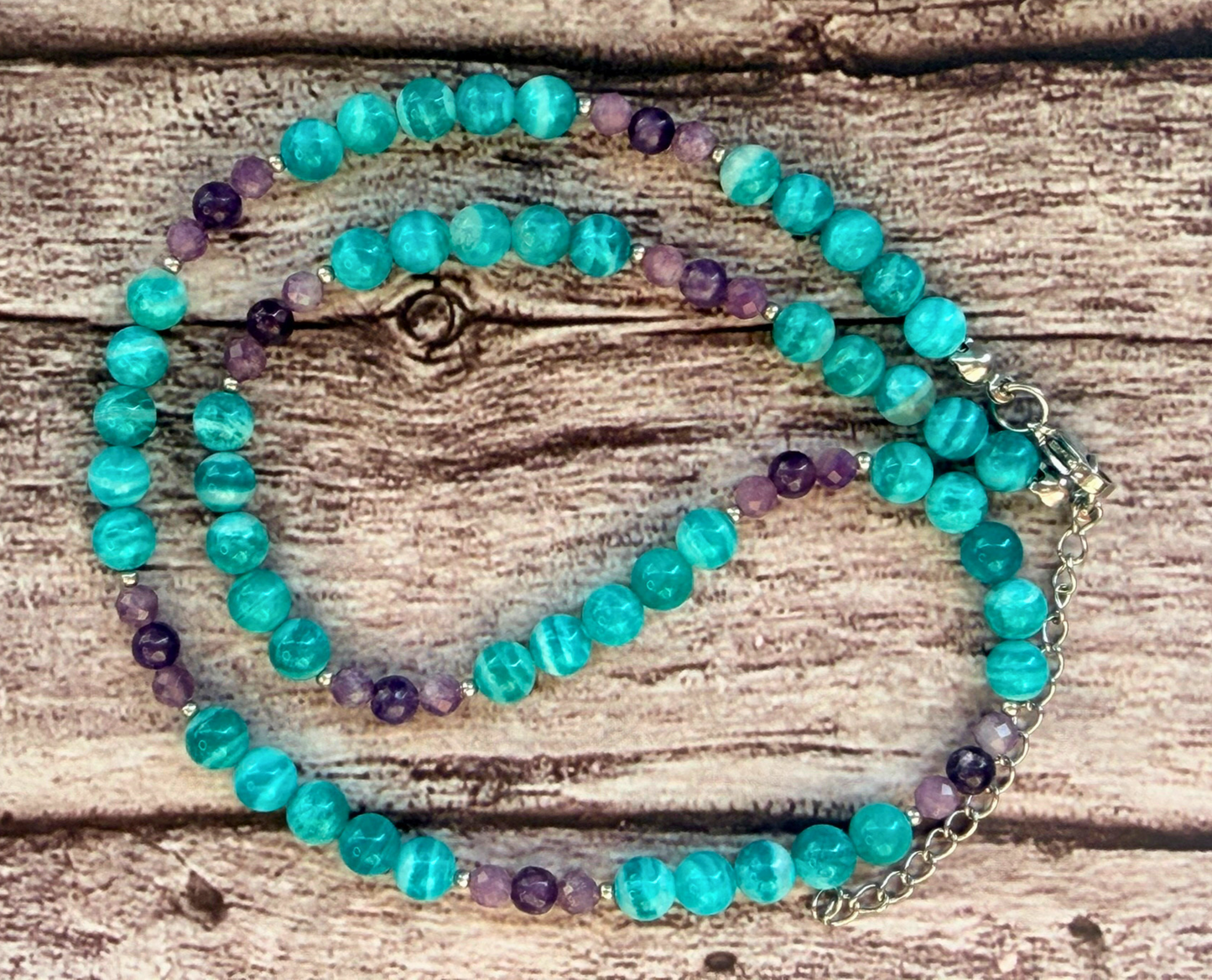 AAA Amazonite & Lepidolite Gemstone Necklace – Teal & Lavender Boho Chic Jewelry