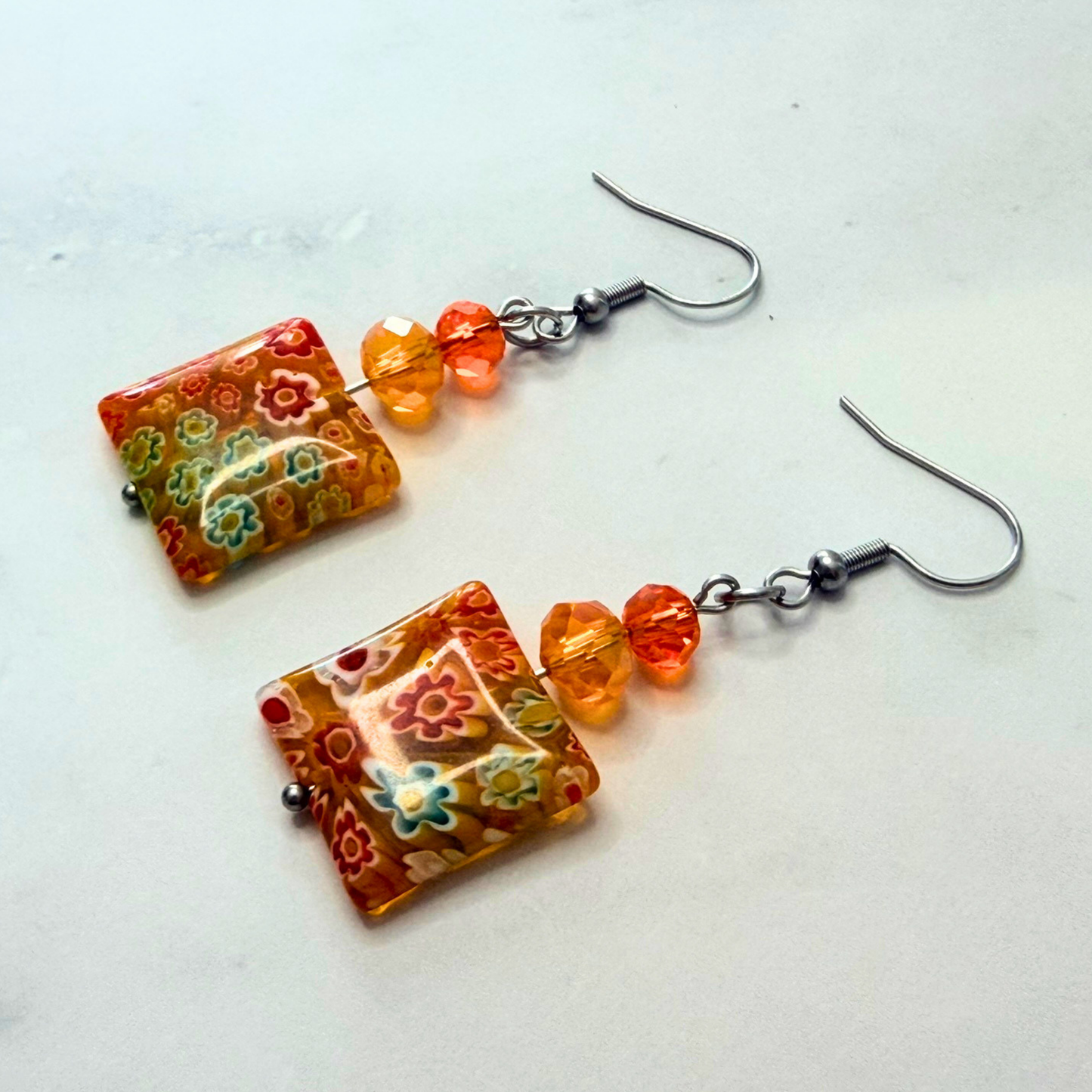 Millefiori Flower Earrings – Sunset Garden, Colorful Glass Jewelry in Warm Golden Tones, Stainless Steel