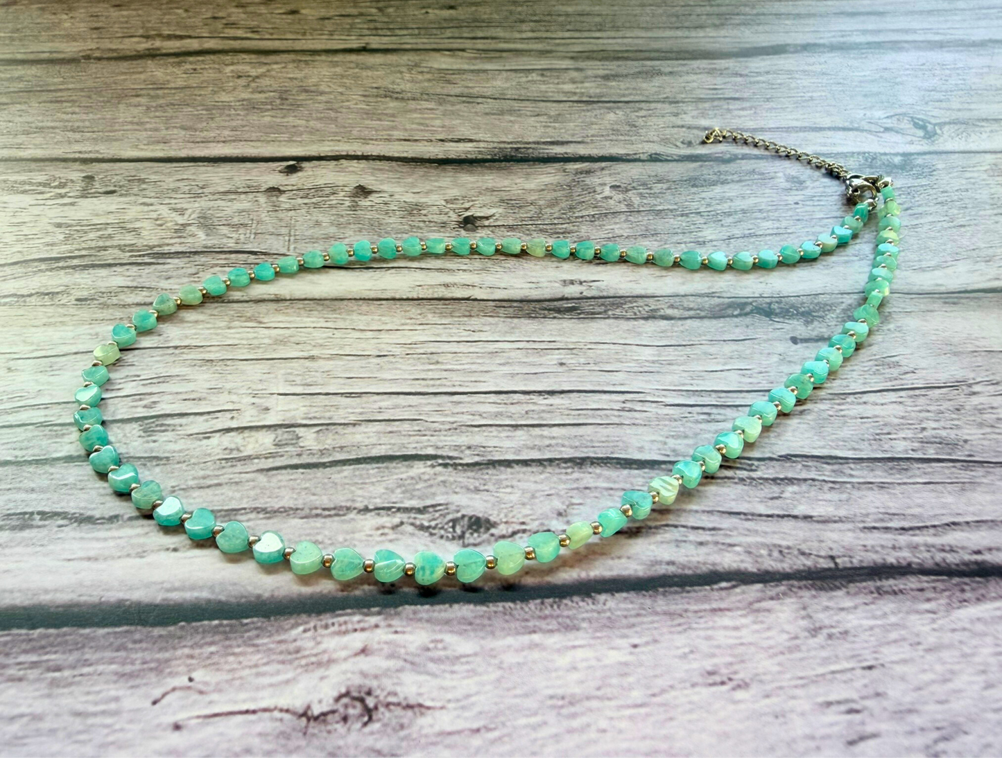 Amazonite Heart Necklace – Minimalist Blue Green Gemstone Jewelry, Stainless Steel