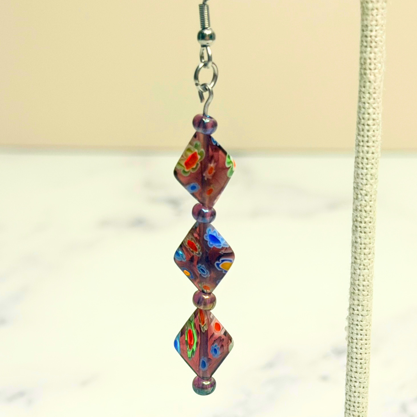Cosmic Garden Earrings – Purple Millefiori & Amethyst Statement Dangles