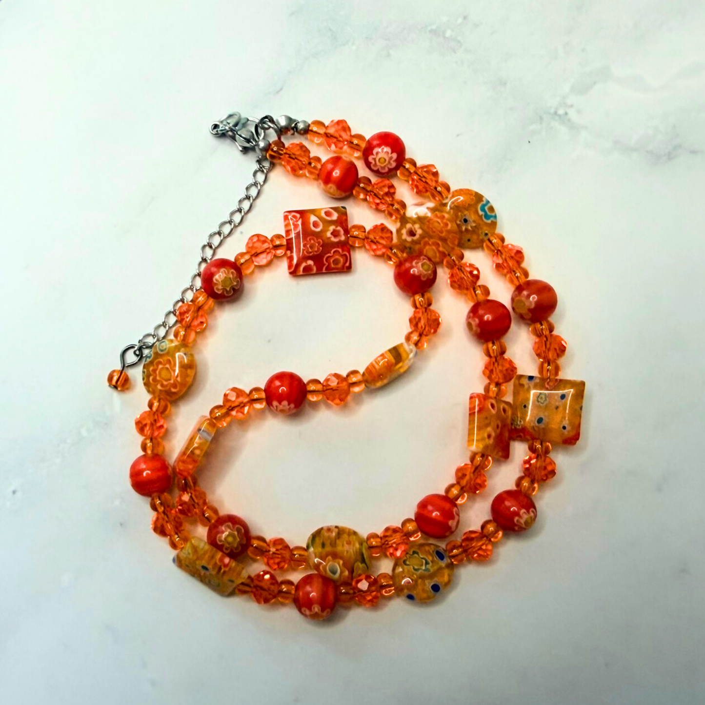 Millefiori Flower Necklace – Tiger Lily, Colorful Glass Jewelry in Orange Floral Design, Stainless Steel