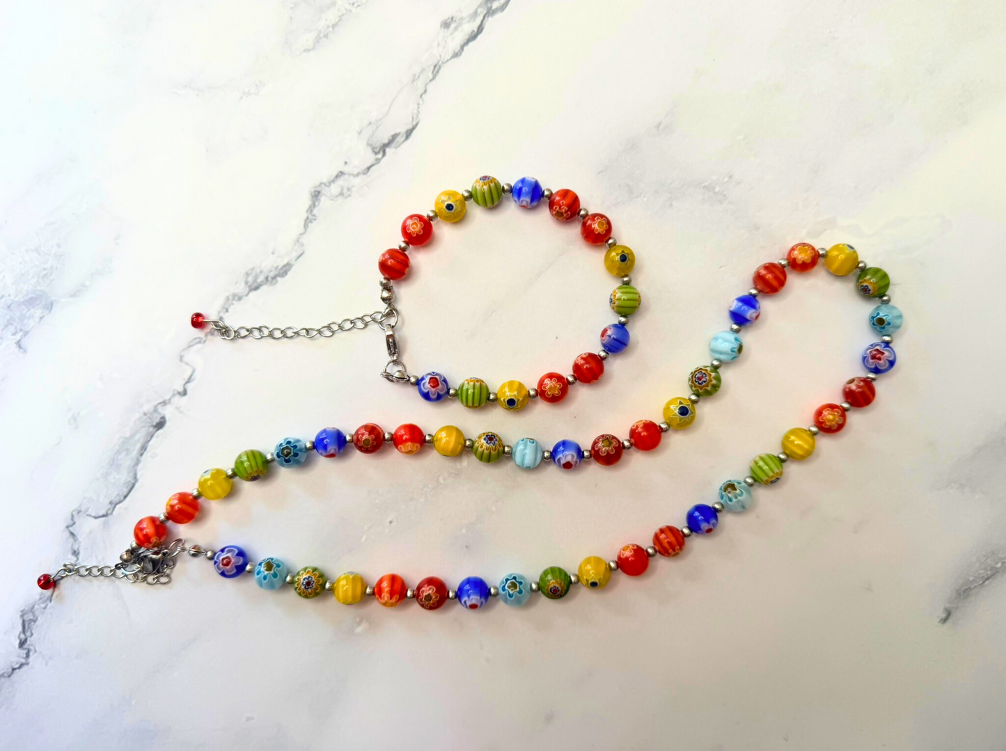Millefiori Flower Bracelet – Enchanted Garden, Rainbow Colorful Glass Jewelry for Everyday Wear, Stainless Steel