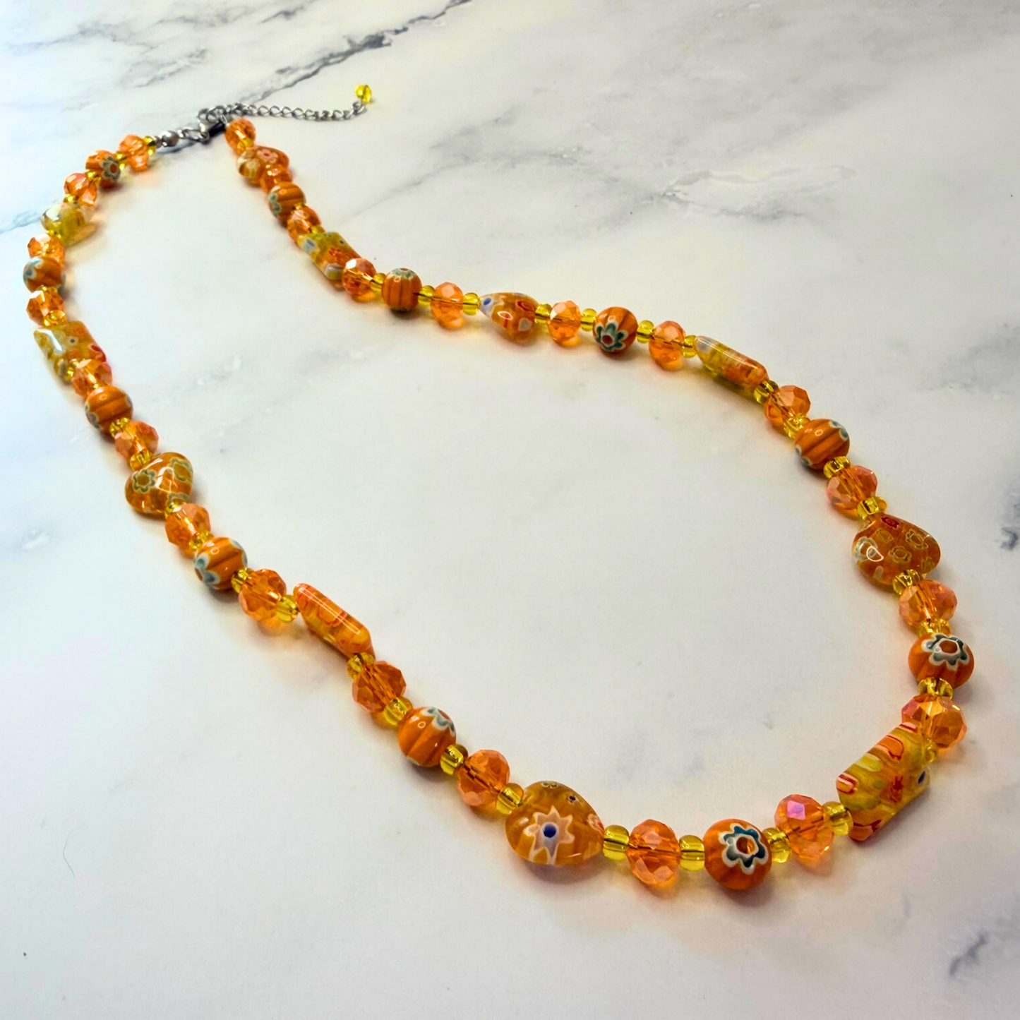 Millefiori Flower Necklace – Sunshine, Colorful Glass Jewelry in Orange Yellow Floral Design, Stainless Steel