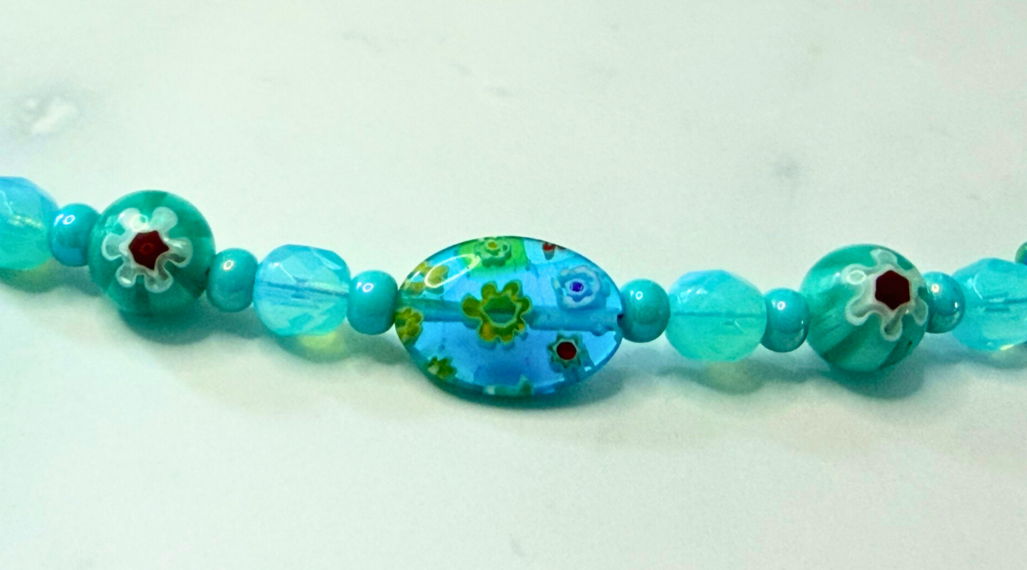 Millefiori Flower Necklace – Lagoon, Colorful Glass Jewelry in Aqua Blue Floral Design, Stainless Steel