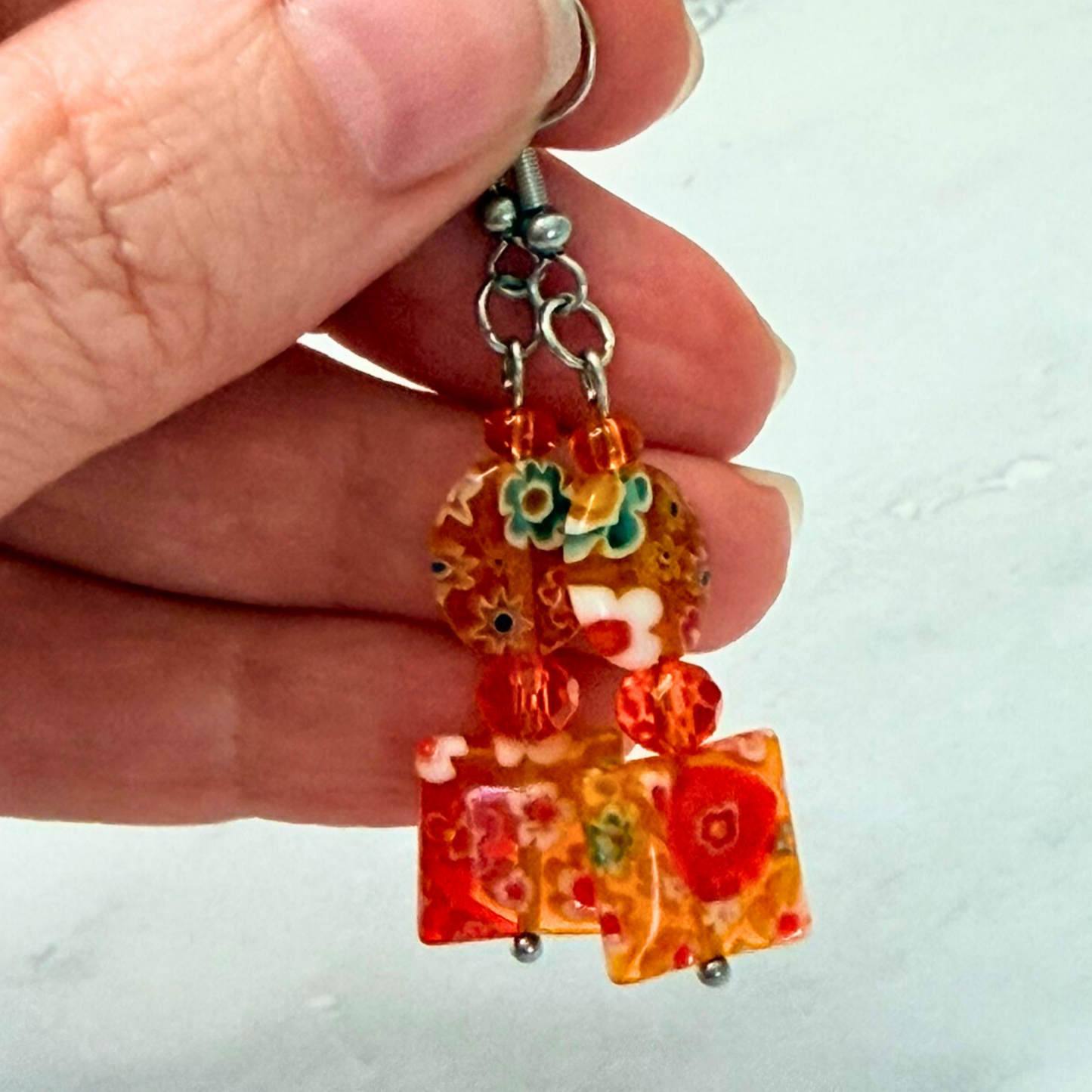 Millefiori Flower Earrings – Tiger Lily, Colorful Glass Jewelry in Orange Floral Design, Stainless Steel