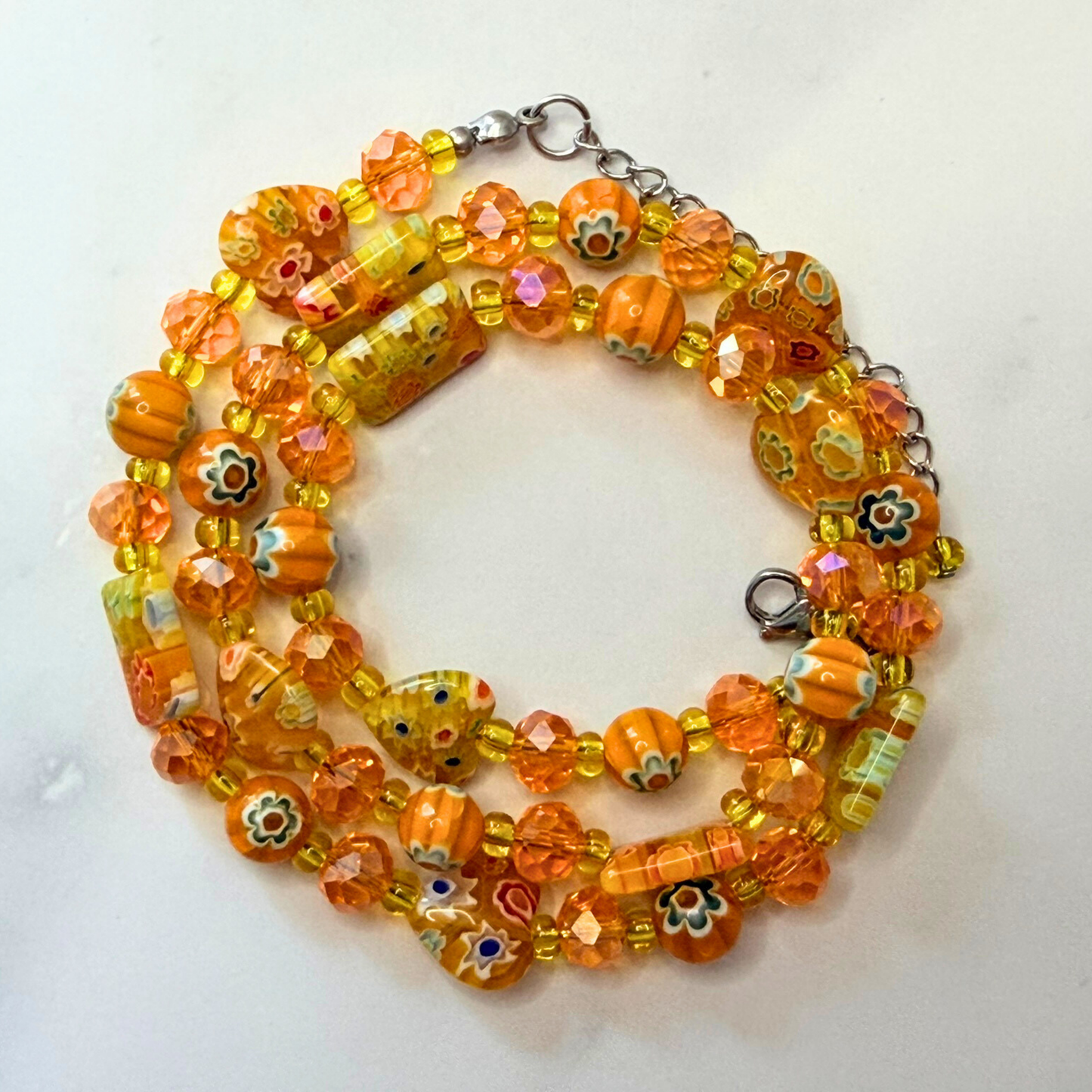 Millefiori Flower Necklace – Sunshine, Colorful Glass Jewelry in Orange Yellow Floral Design, Stainless Steel