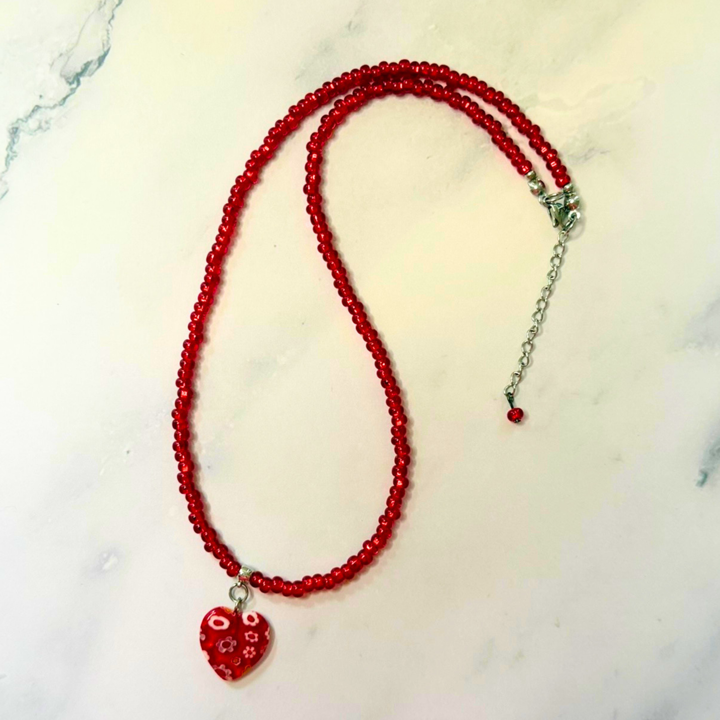 Heartfire Millefiori Heart Necklace – Red Beaded Floral Glass Pendant