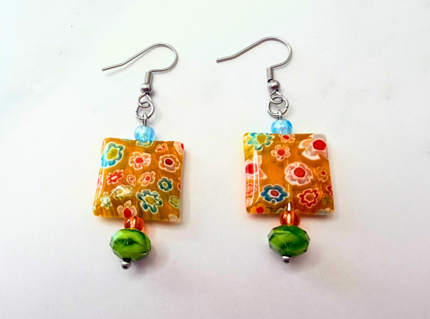Millefiori Flower Earrings – Sunshine Garden, Colorful Glass Jewelry in Bright Yellow Tones, Stainless Steel