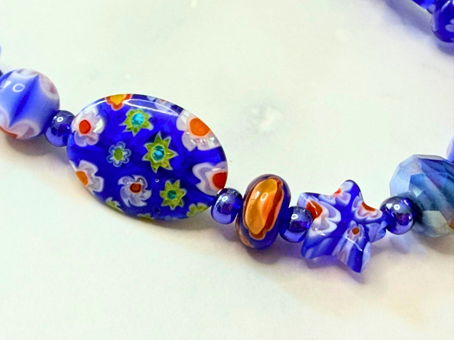 Millefiori Flower Necklace – Bluebonnet, Colorful Glass Jewelry in Bold Blue Floral Design, Stainless Steel