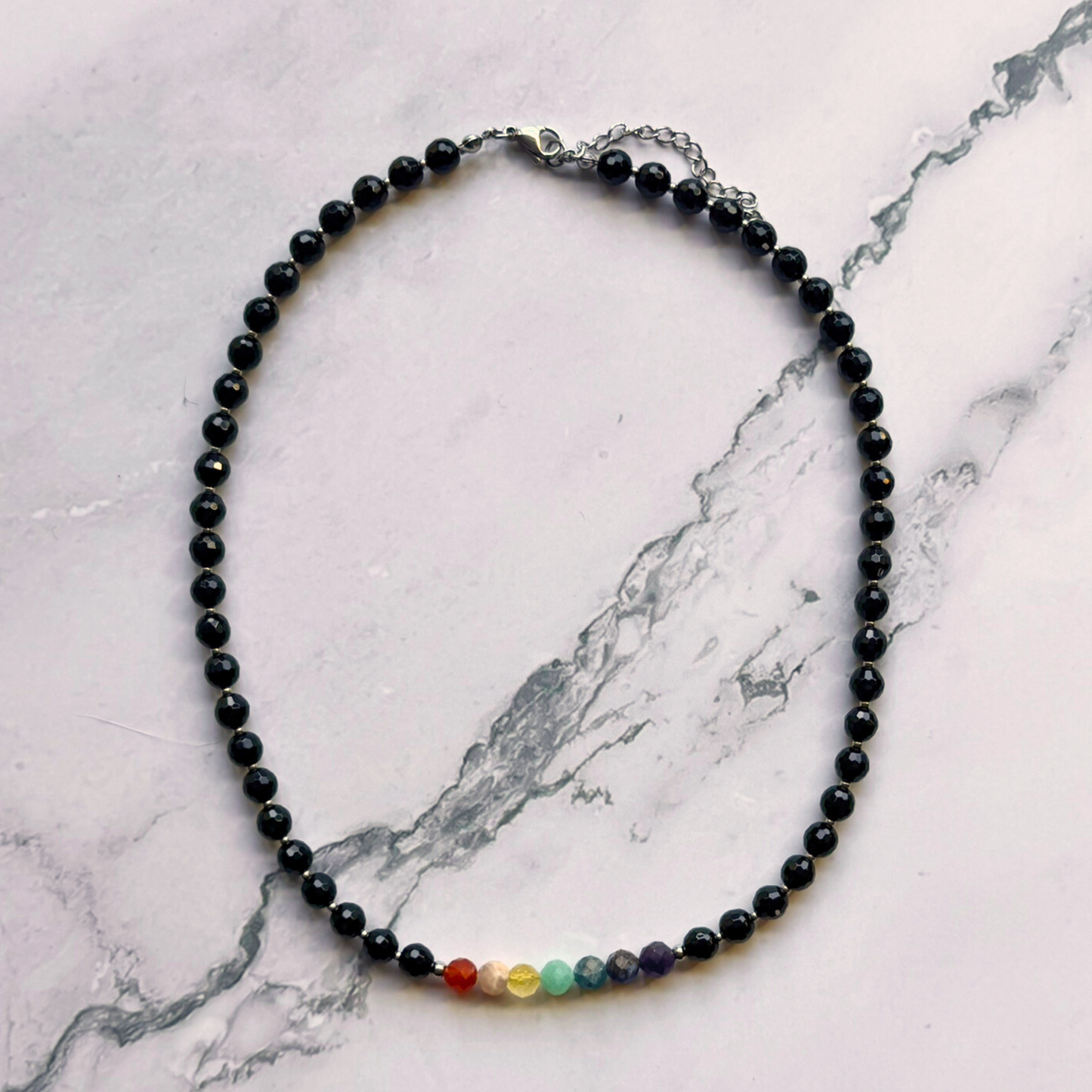 Chakra Choker Necklace – Minimalist 7 Chakra Gemstone Jewelry for Balance & Symbolism, Onyx, Stainless Steel