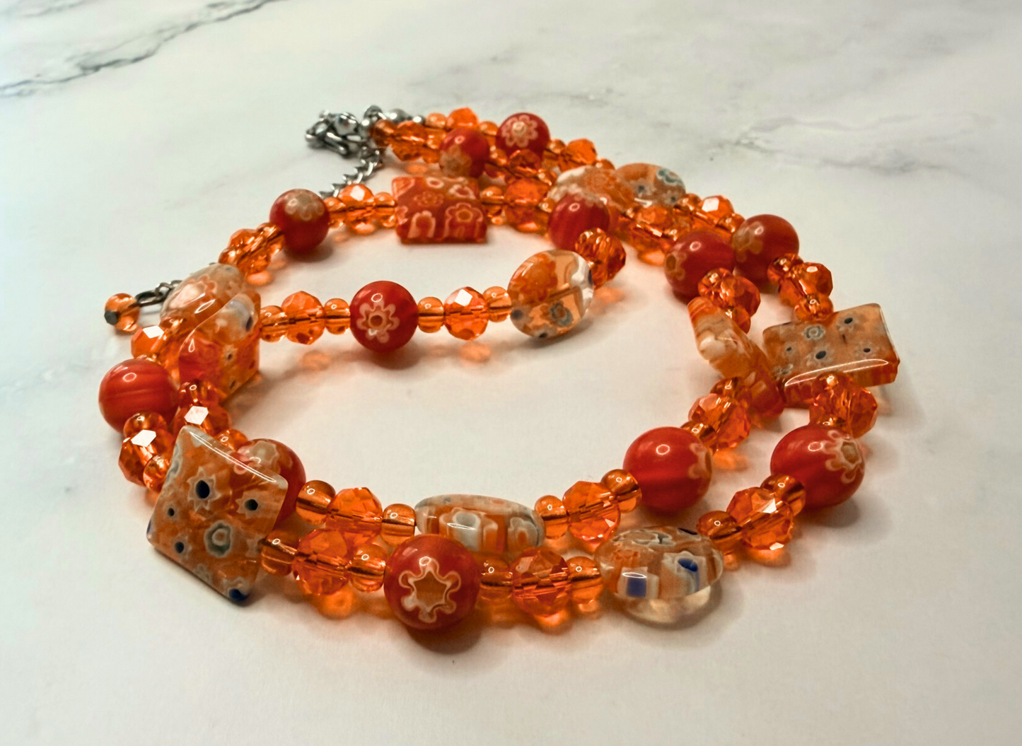 Millefiori Flower Necklace – Tiger Lily, Colorful Glass Jewelry in Orange Floral Design, Stainless Steel