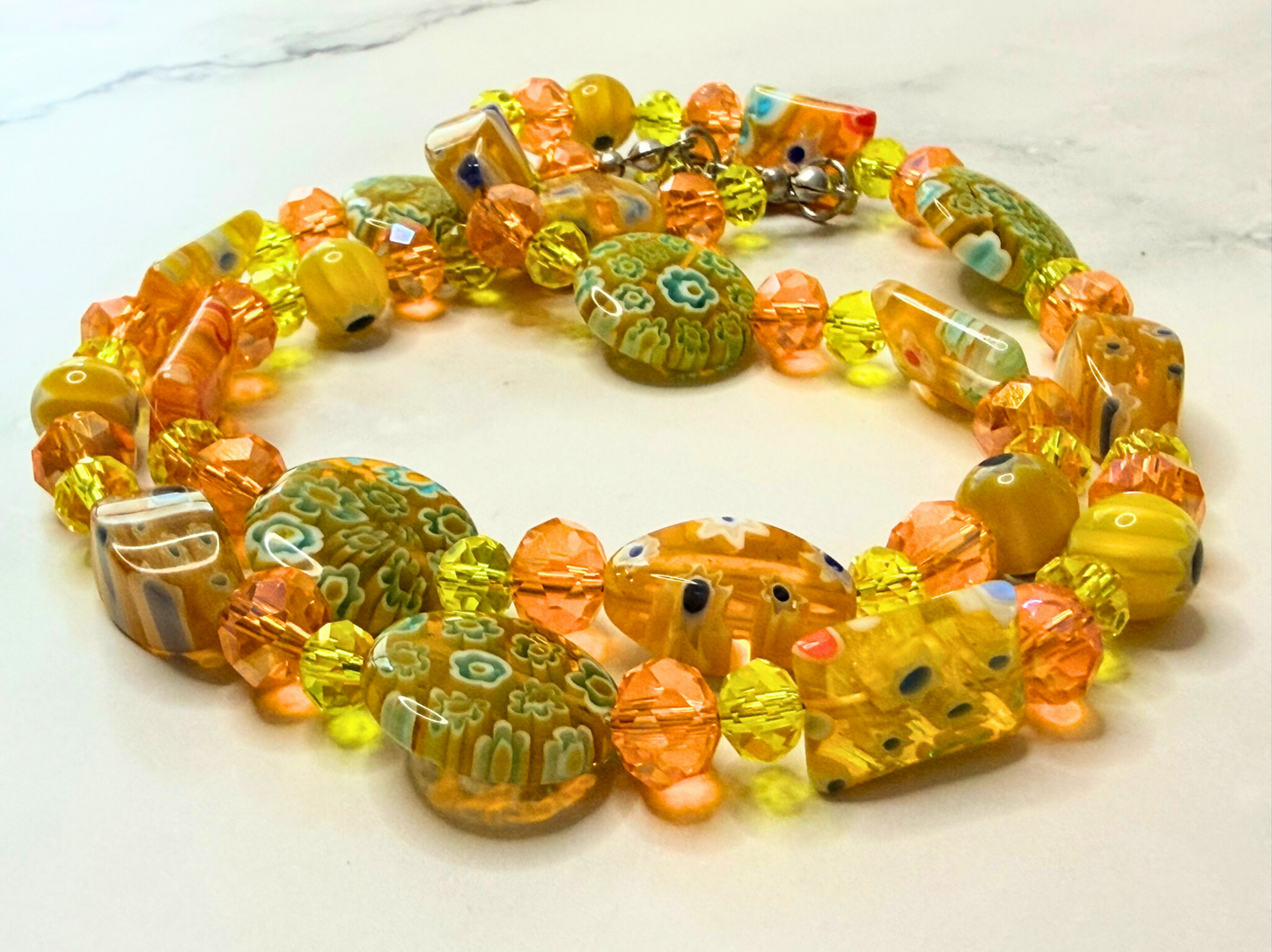 Millefiori Flower Necklace – Sunflower, Colorful Glass Jewelry in Bright Yellow Floral Design, Stainless Steel