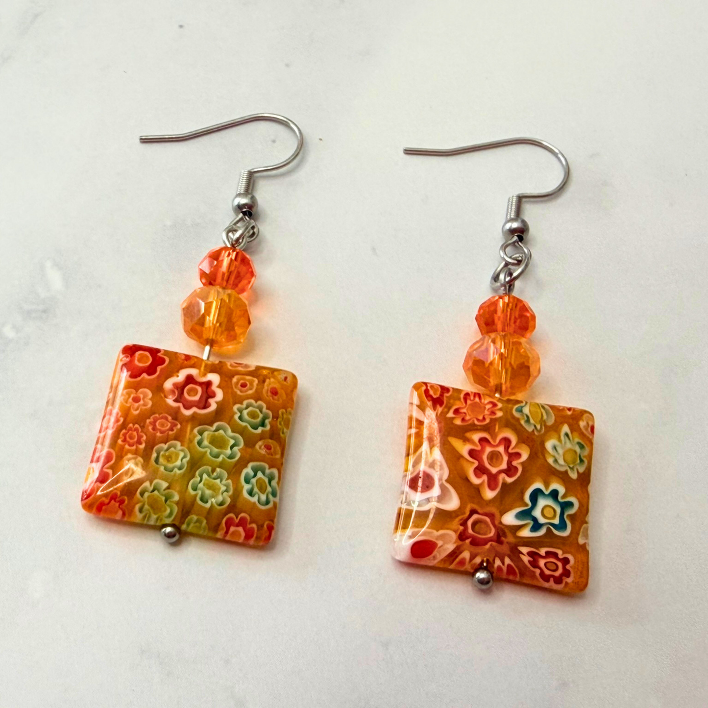 Millefiori Flower Earrings – Sunset Garden, Colorful Glass Jewelry in Warm Golden Tones, Stainless Steel