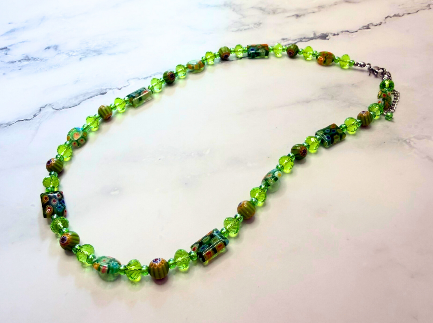 Millefiori Flower Necklace – Spring, Colorful Glass Jewelry in Fresh Green Floral Design, Stainless Steel