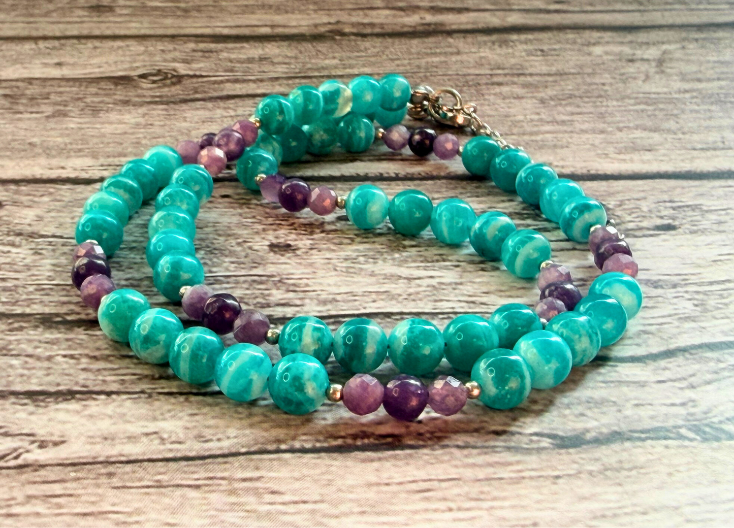 AAA Amazonite & Lepidolite Gemstone Necklace – Teal & Lavender Boho Chic Jewelry