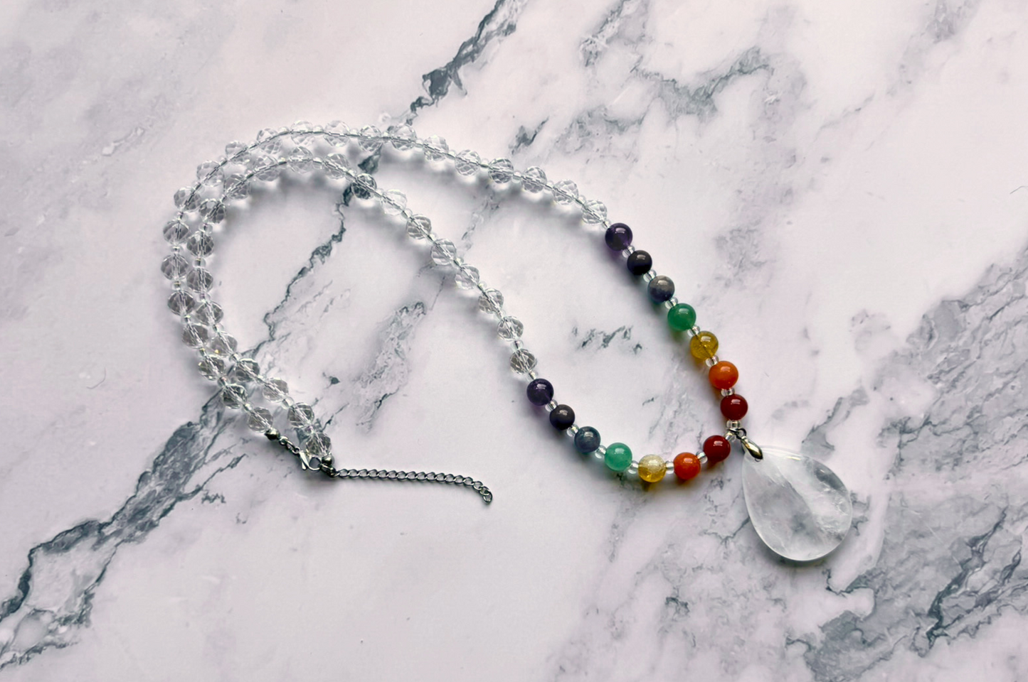 Chakra Statement Necklace – 7 Chakra Gemstone Jewelry for Balance & Clarity, Clear Quartz Pendant, Stainless Steel