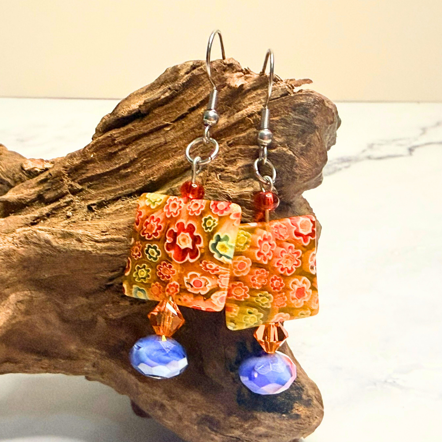 Sunrise Garden Millefiori Earrings – Orange & Blue Floral Glass Dangles