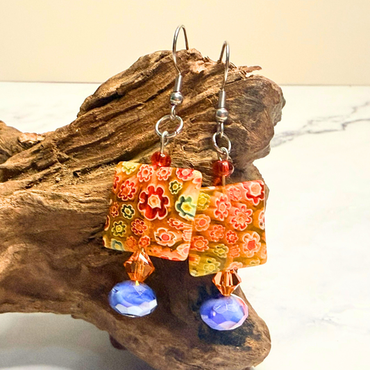 Sunrise Garden Millefiori Earrings – Orange & Blue Floral Glass Dangles