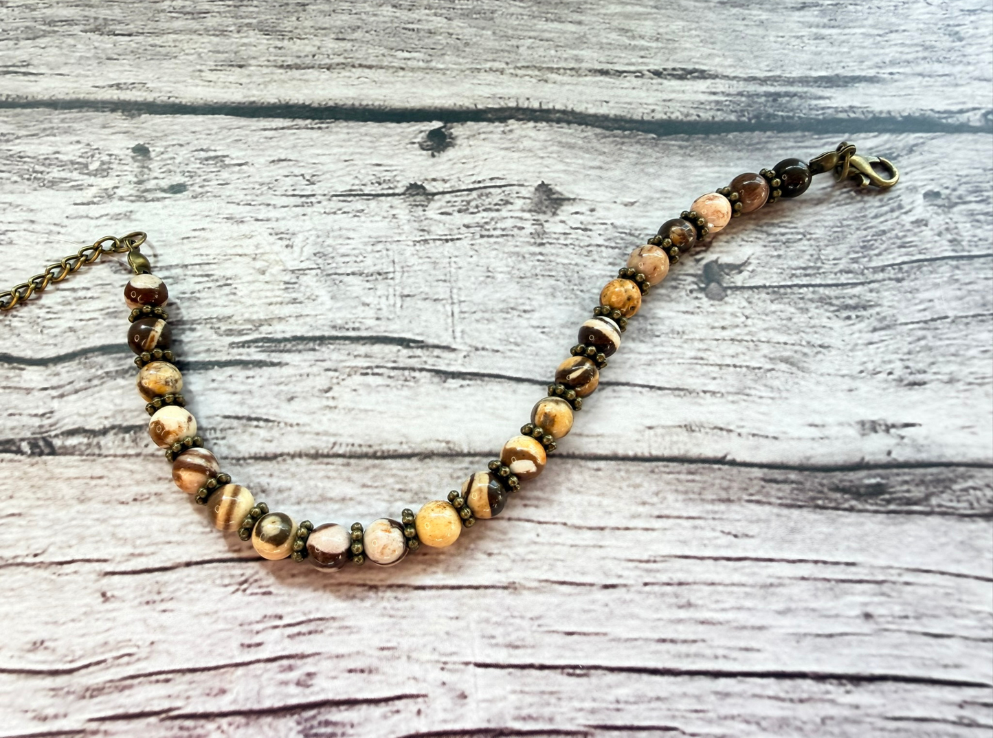 Brown Zebra Jasper Bracelet – Boho Earth Tone Gemstone Jewelry, Antique Bronze