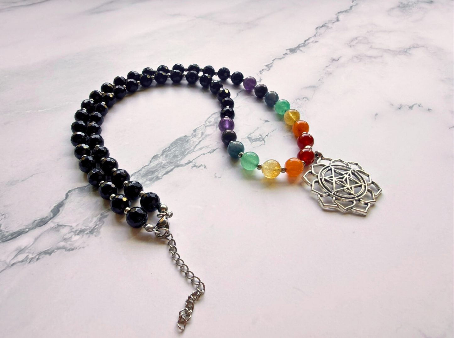Chakra Statement Necklace – 7 Chakra Gemstone Jewelry for Balance & Symbolism, Onyx & Merkaba Pendant, Stainless Steel