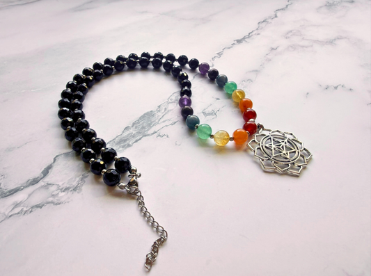Chakra Statement Necklace – 7 Chakra Gemstone Jewelry for Balance & Symbolism, Onyx & Merkaba Pendant, Stainless Steel