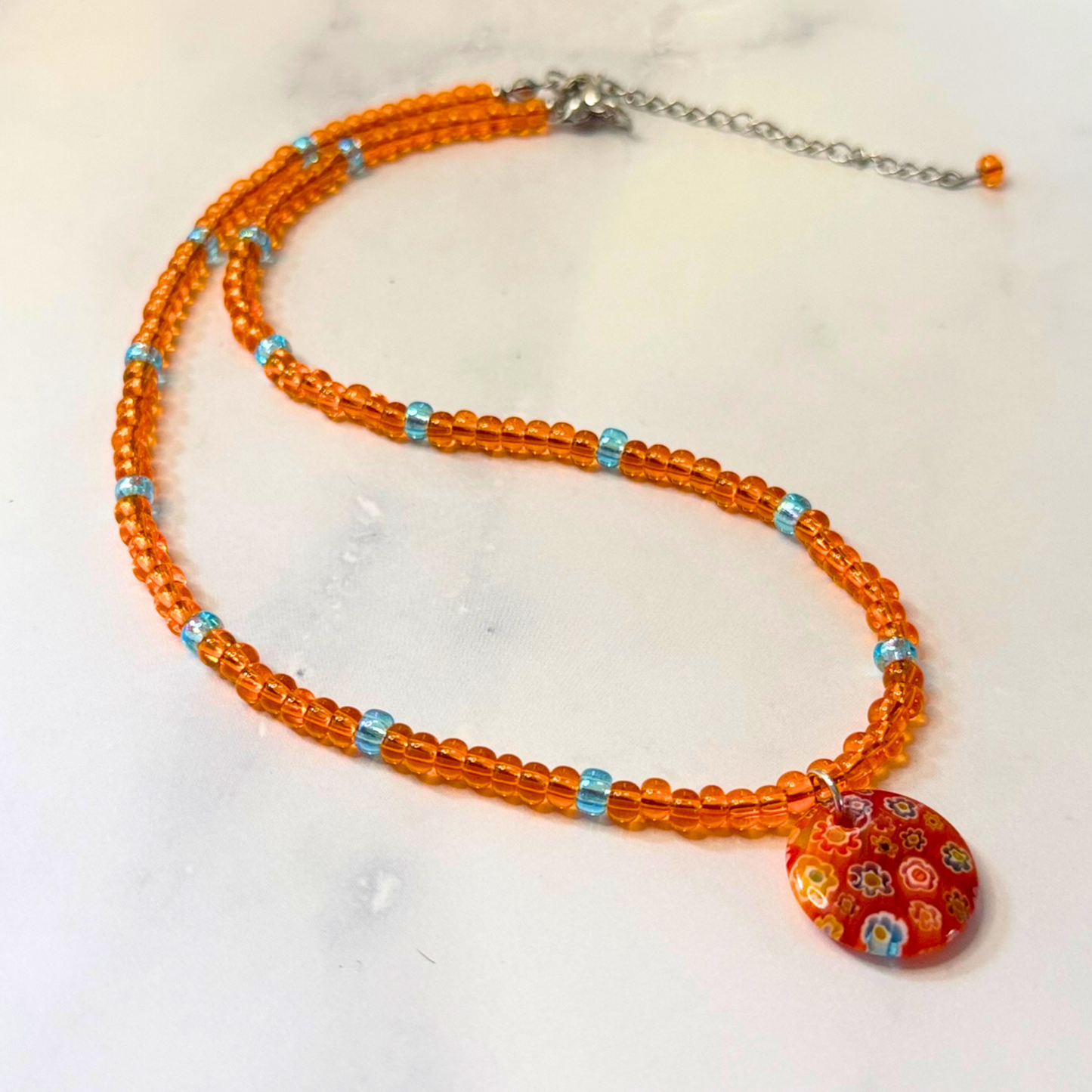 Tropical Daydream Millefiori Necklace – Orange Beaded Floral Glass Pendant