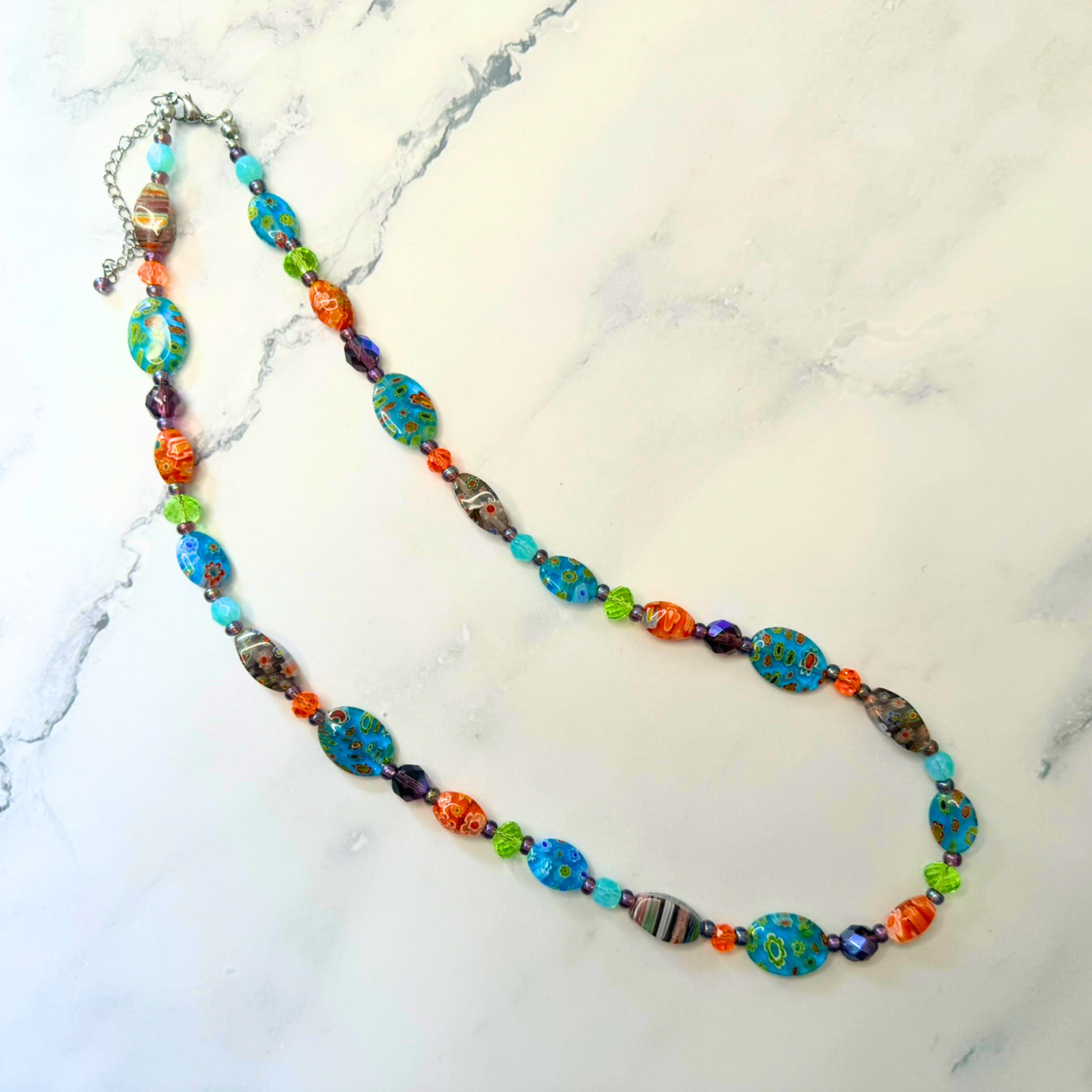 Millefiori Flower Necklace – Wildflower, Colorful Glass Jewelry in Multicolor Floral Design, Stainless Steel