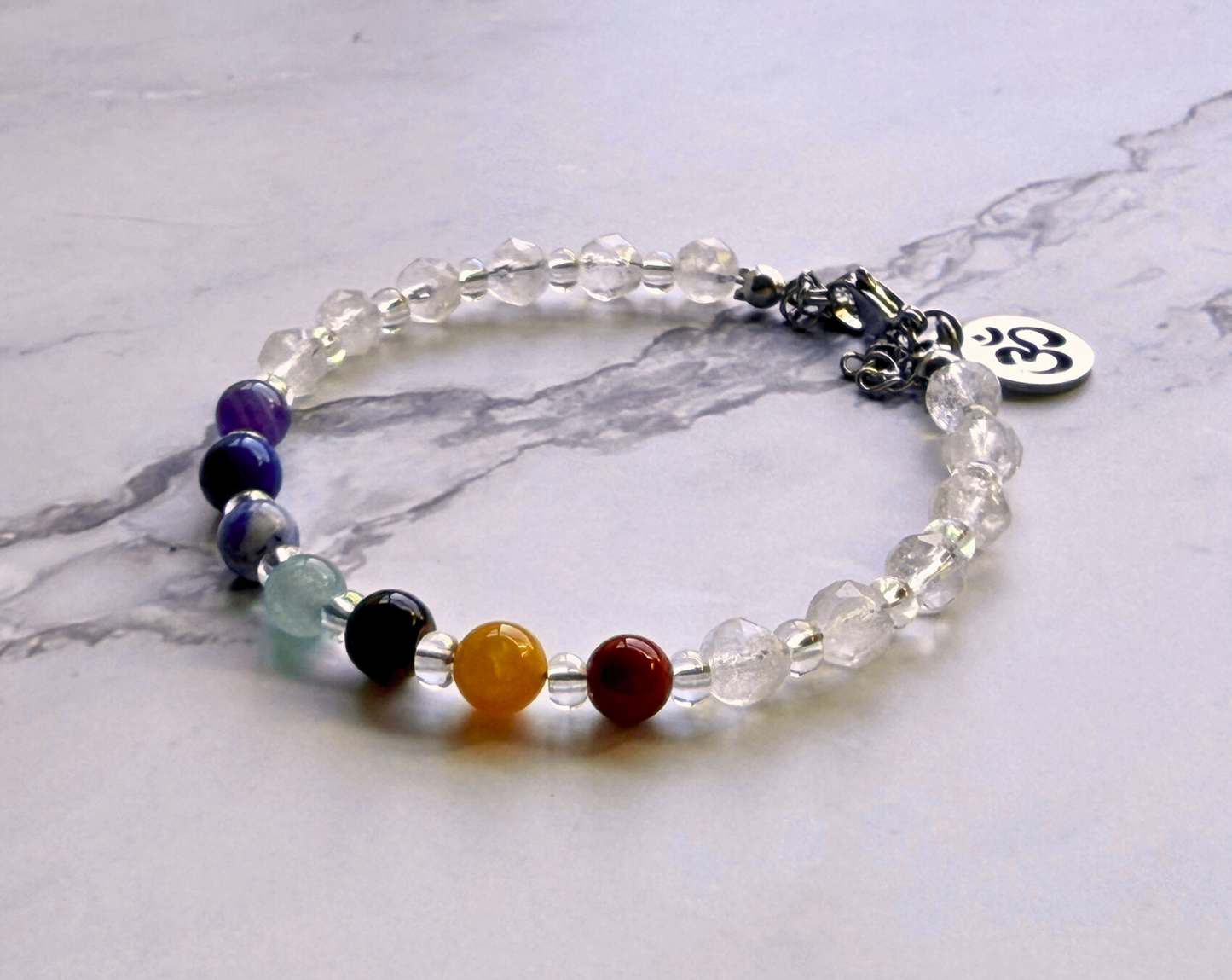 Chakra Bracelet – 7 Chakra Gemstone Jewelry for Balance & Clarity, Clear Quartz & Om Charm, Stainless Steel