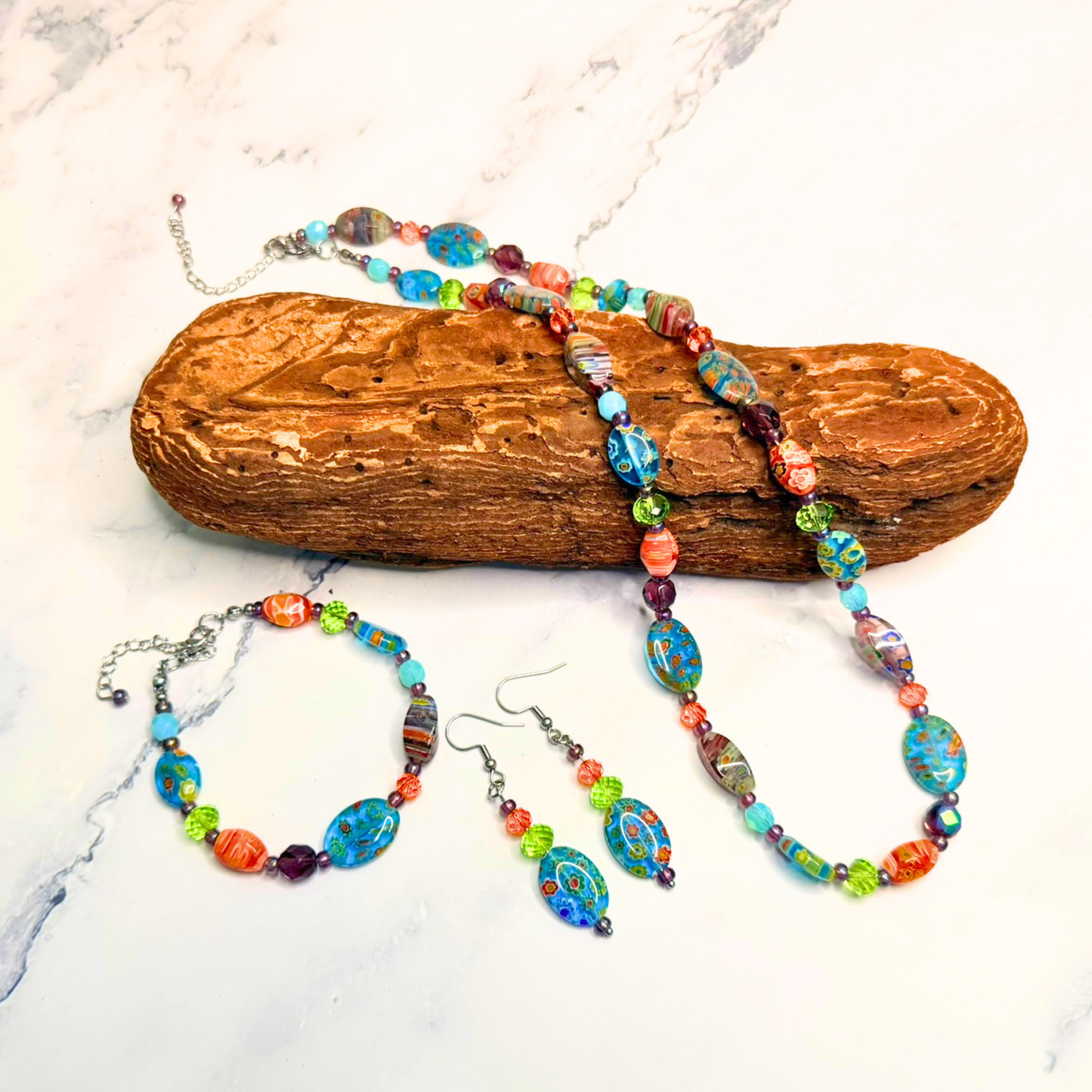 Millefiori Flower Bracelet – Wildflower, Colorful Glass Jewelry in Multicolor Floral Design, Stainless Steel