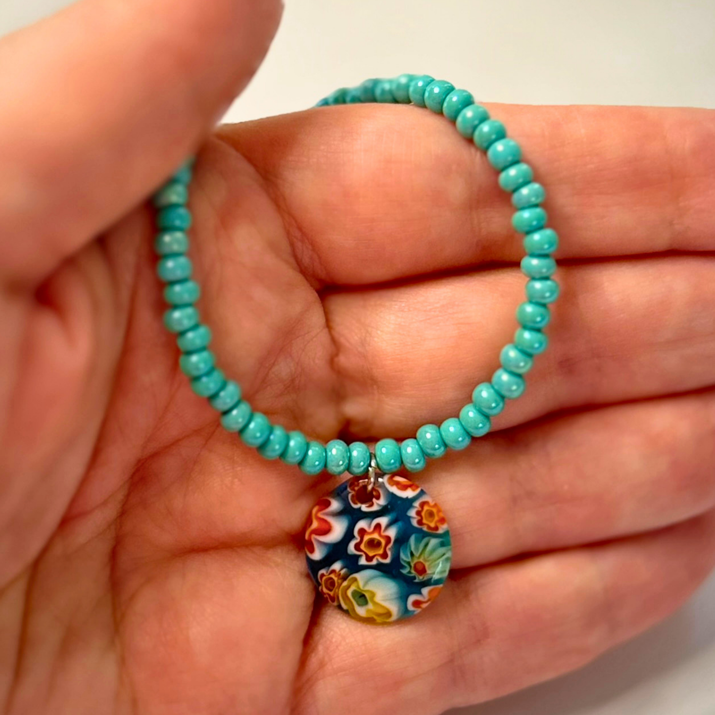 Ocean Daydream Millefiori Necklace – Aqua Beaded Floral Glass Pendant