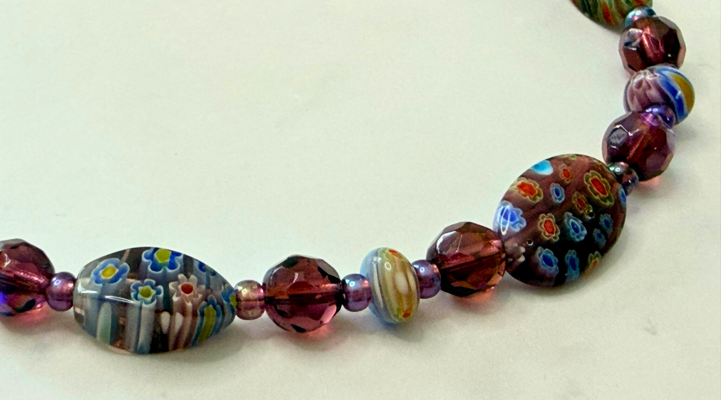 Millefiori Flower Necklace – Violet, Colorful Glass Jewelry in Purple Floral Design, Stainless Steel