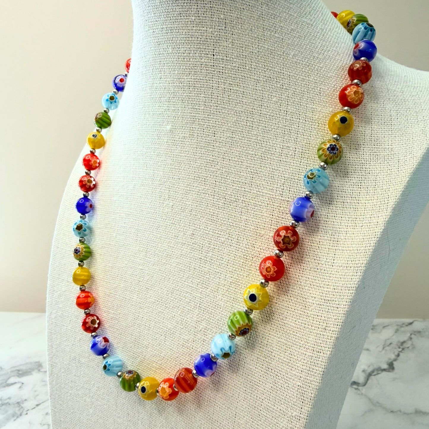 Millefiori Flower Necklace – Enchanted Garden, Rainbow Glass Jewelry for Everyday Wear, Stainless Steel