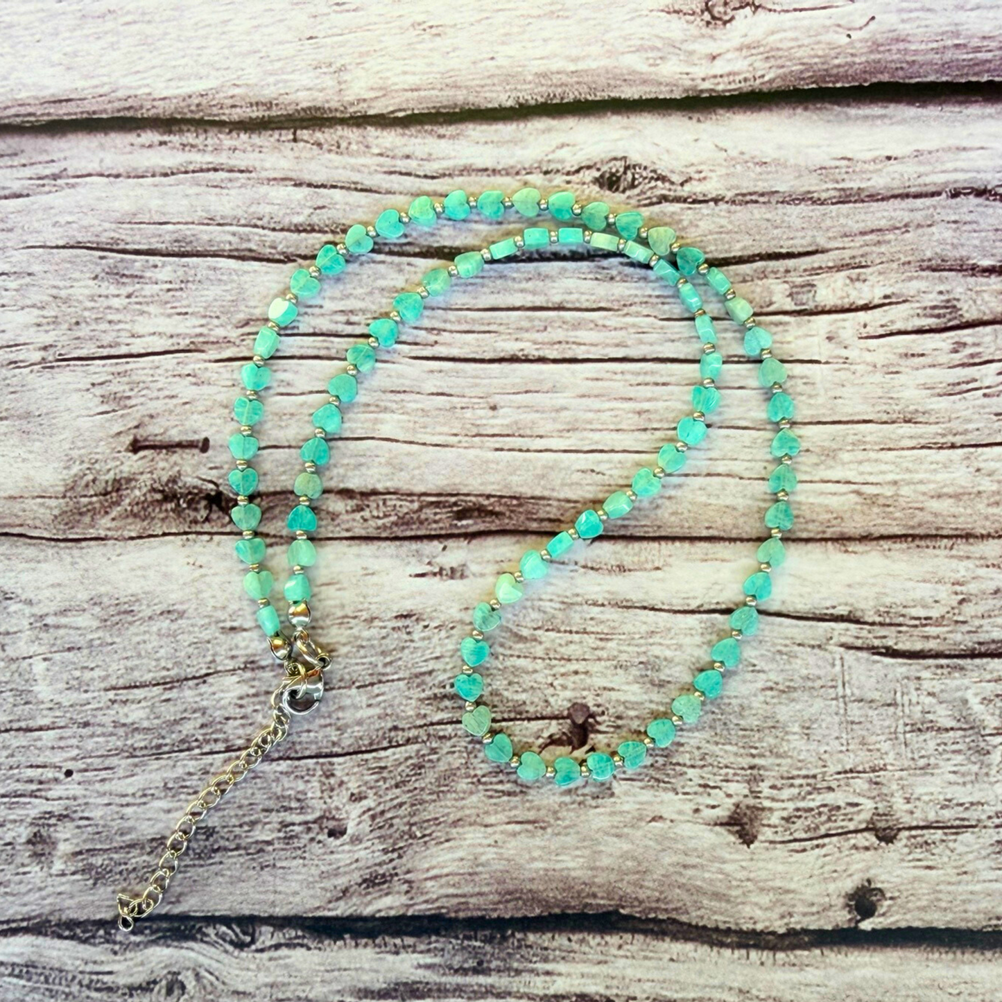 Amazonite Heart Necklace – Minimalist Blue Green Gemstone Jewelry, Stainless Steel