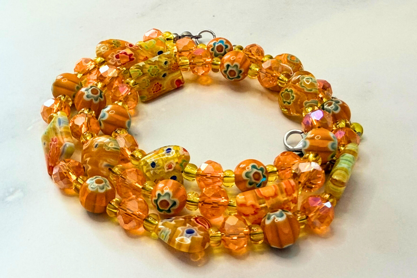 Millefiori Flower Necklace – Sunshine, Colorful Glass Jewelry in Orange Yellow Floral Design, Stainless Steel