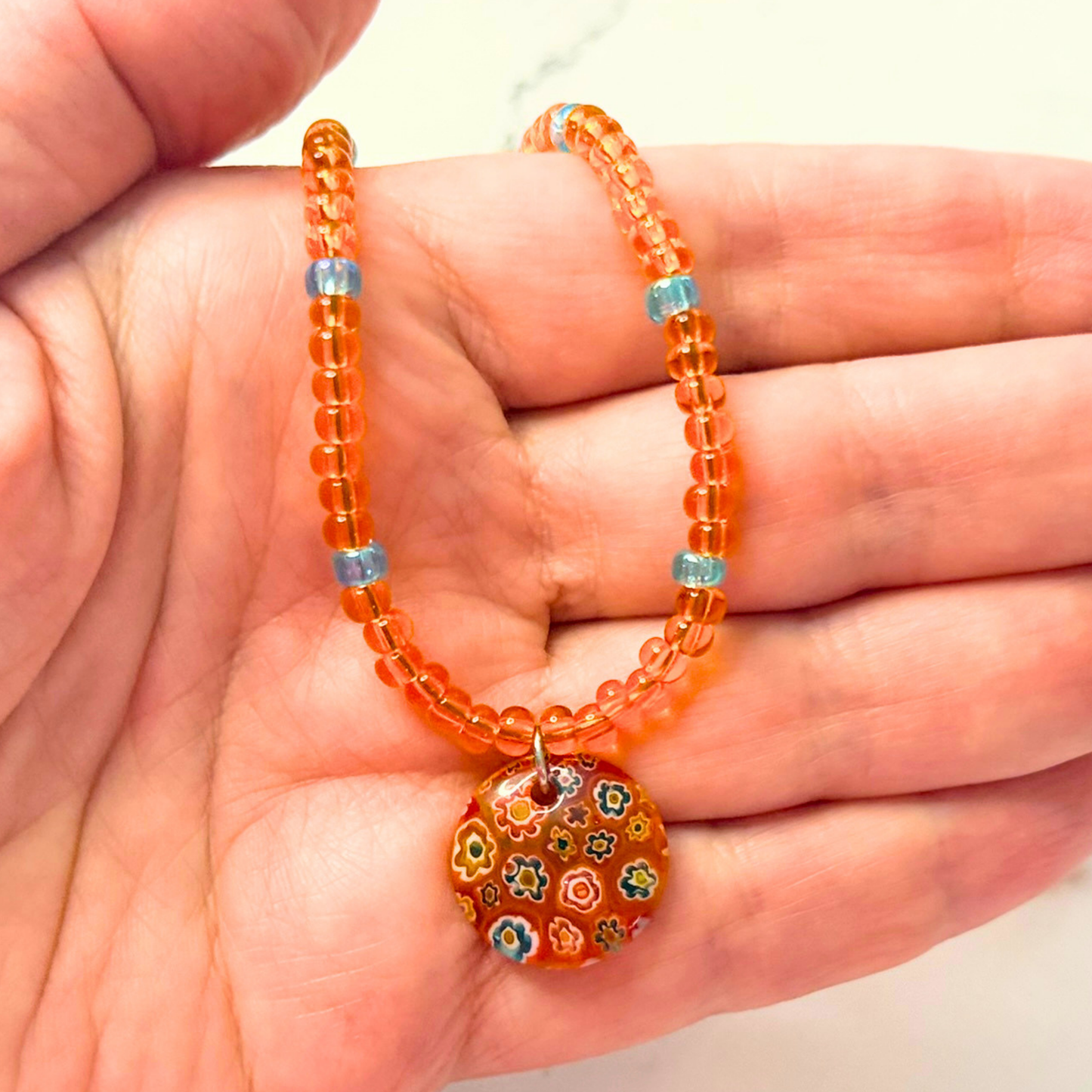 Tropical Daydream Millefiori Necklace – Orange Beaded Floral Glass Pendant
