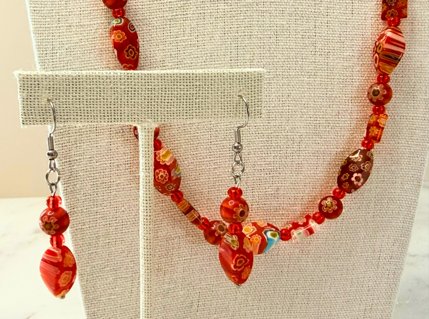 Millefiori Flower Earrings – Poppy, Colorful Glass Jewelry in Bold Red Floral Design, Stainless Steel