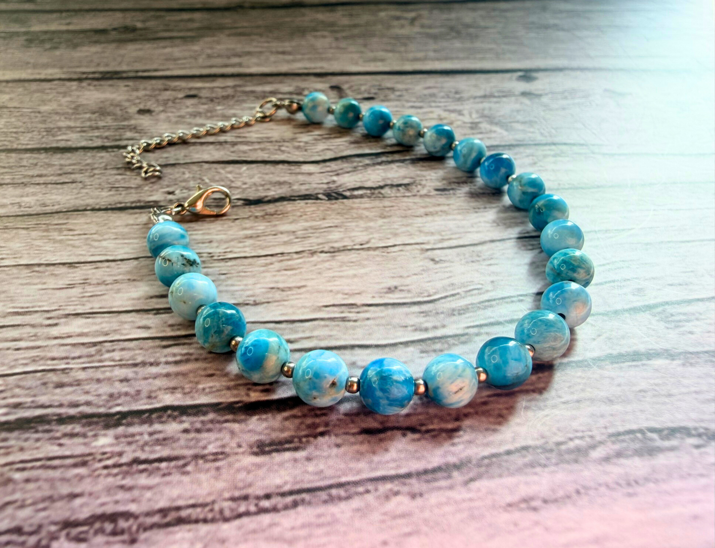 Sky Blue Apatite Bracelet – Minimalist Gemstone Jewelry with Stainless Steel, 6mm Beads