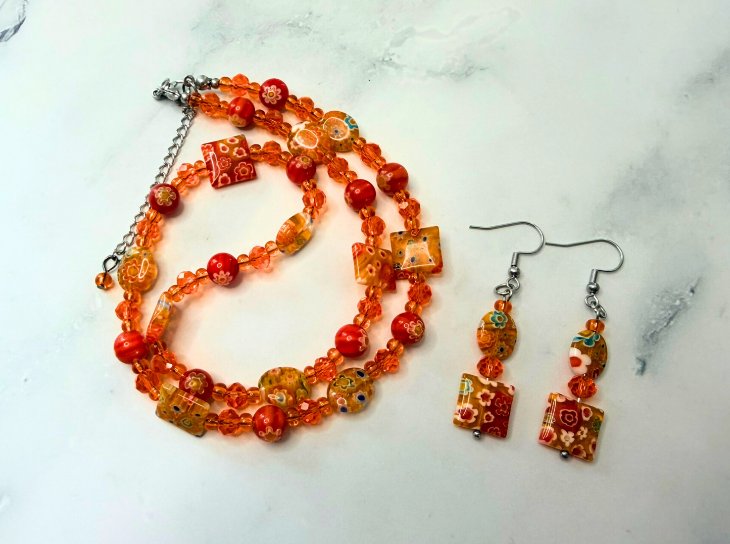 Millefiori Flower Necklace – Tiger Lily, Colorful Glass Jewelry in Orange Floral Design, Stainless Steel