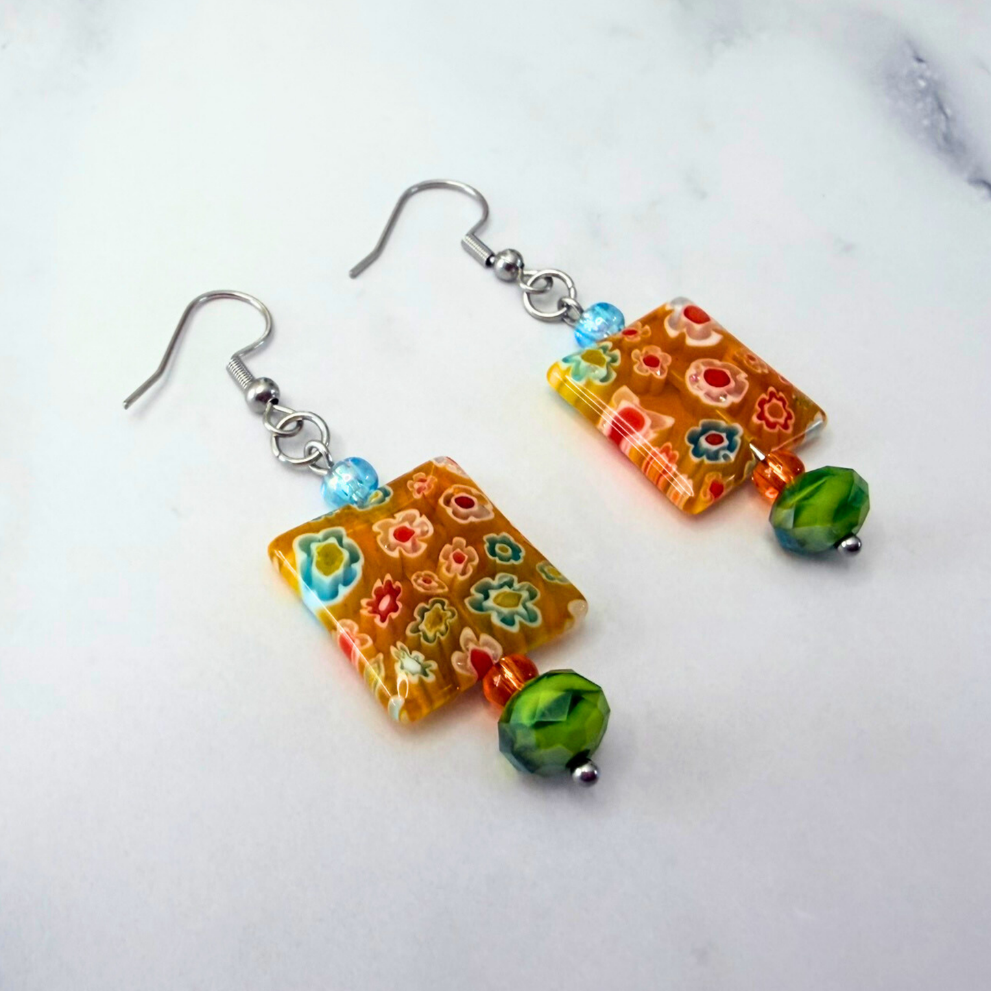 Millefiori Flower Earrings – Sunshine Garden, Colorful Glass Jewelry in Bright Yellow Tones, Stainless Steel