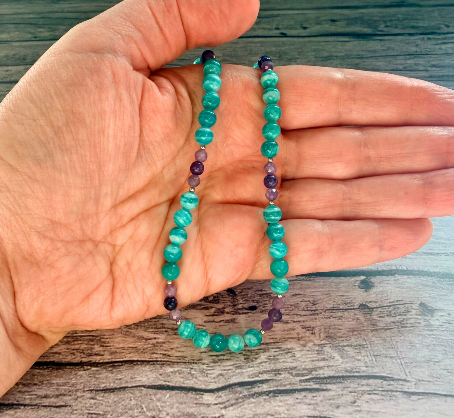AAA Amazonite & Lepidolite Gemstone Necklace – Teal & Lavender Boho Chic Jewelry