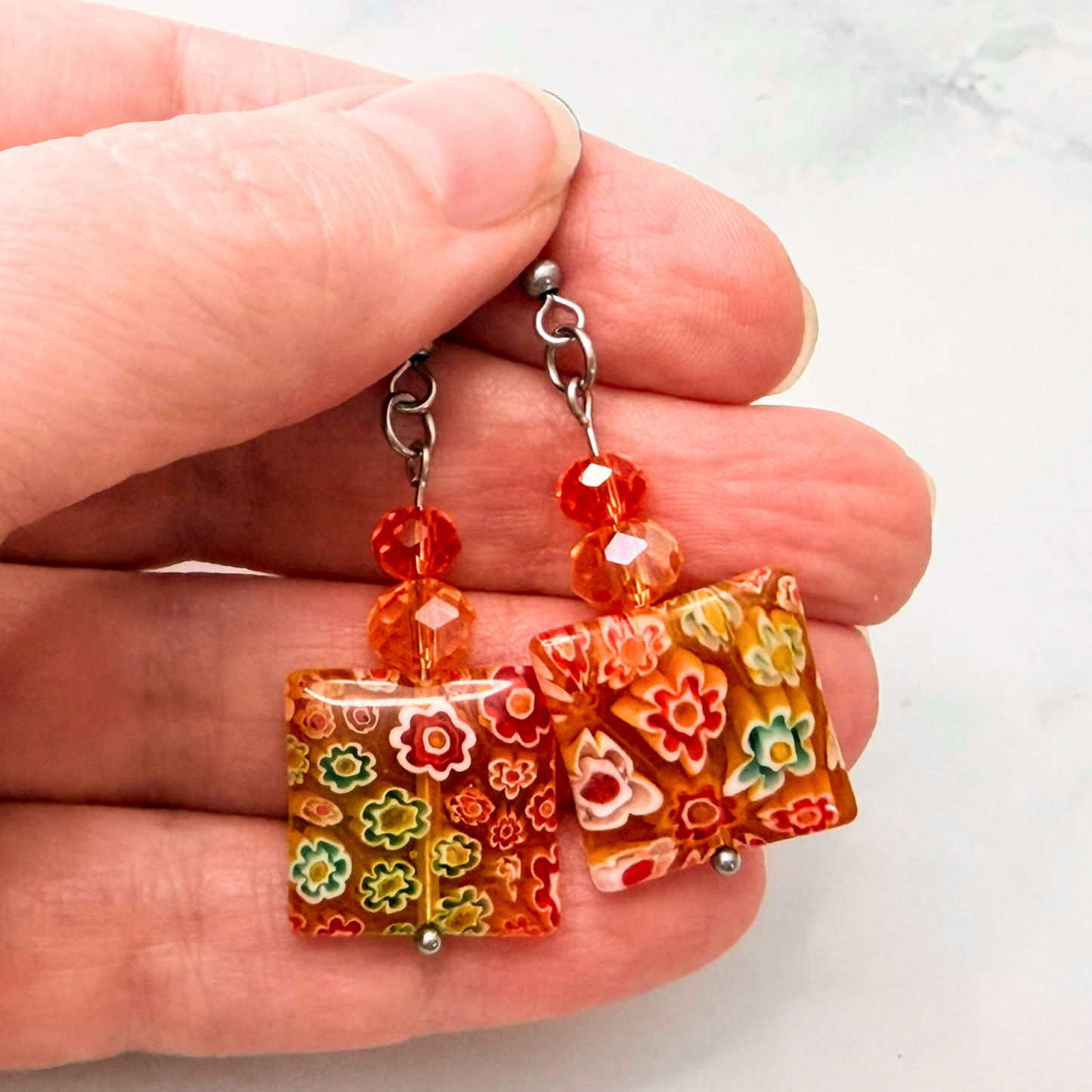 Millefiori Flower Earrings – Sunset Garden, Colorful Glass Jewelry in Warm Golden Tones, Stainless Steel