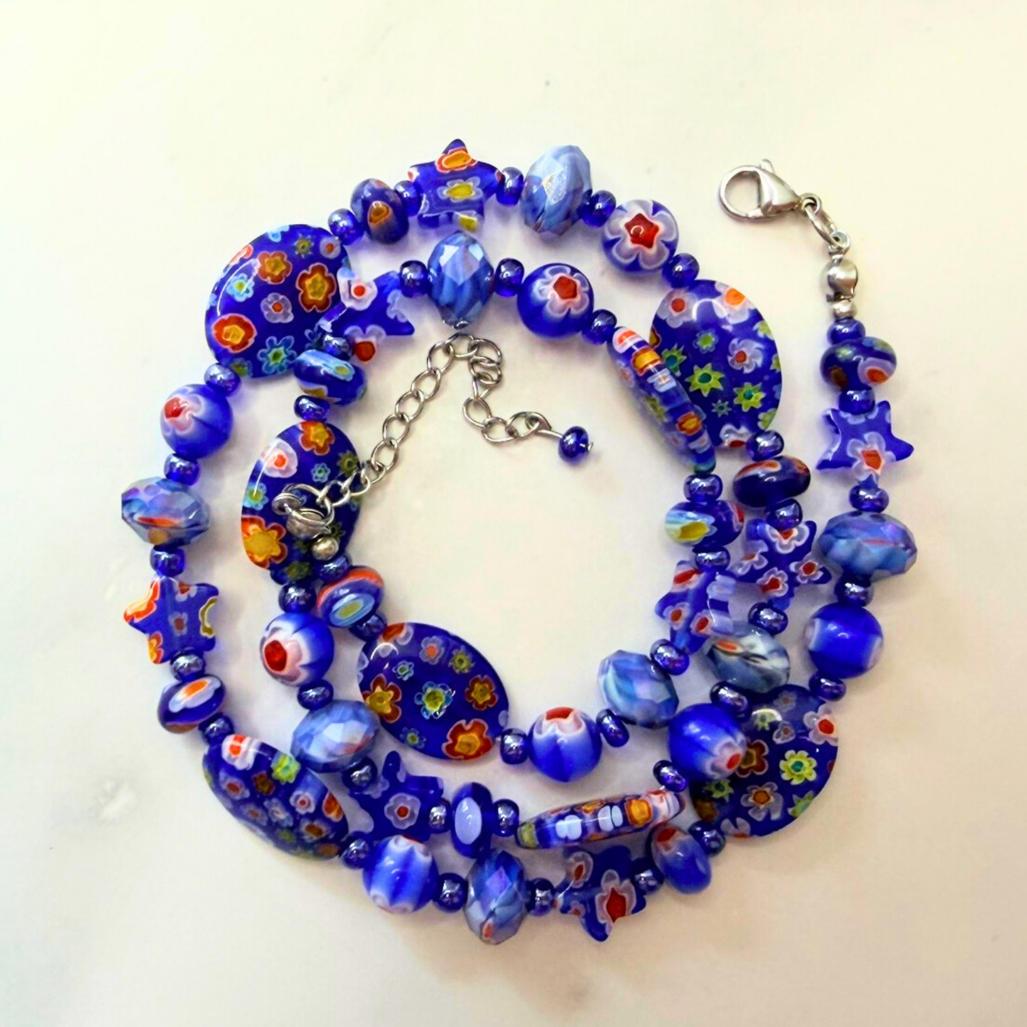 Millefiori Flower Necklace – Bluebonnet, Colorful Glass Jewelry in Bold Blue Floral Design, Stainless Steel